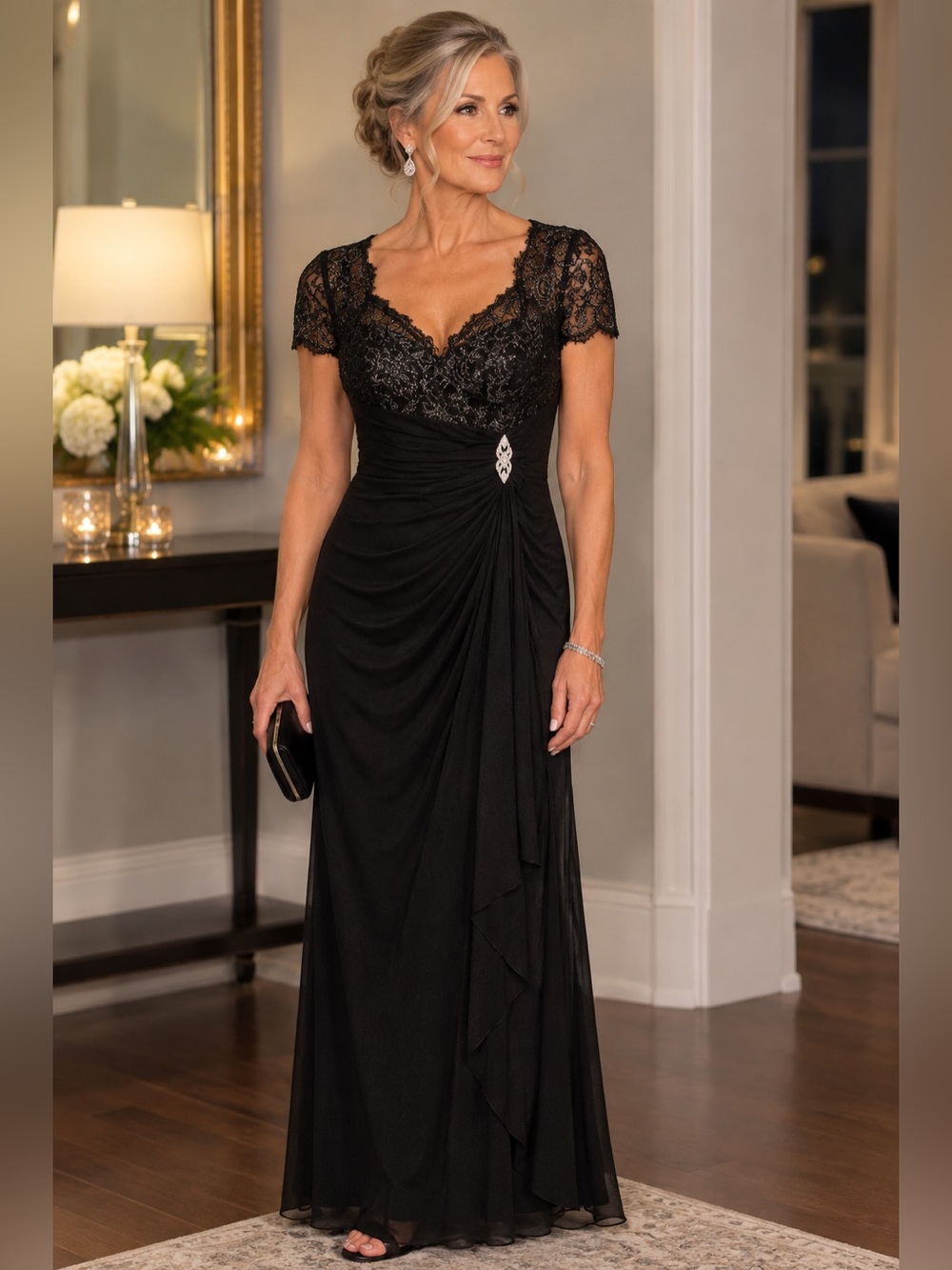 David's Bridal Black Lace & Chiffon Maxi Dress